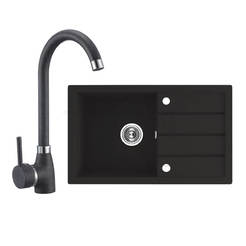Granite kitchen sink 48 x 79 x 17 cm faucet and automatic siphon - black