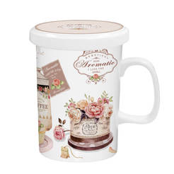 Фарфоровая чашка для чая - 320мл, с крышкой и ситечком, розы