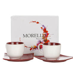 Tea set 2 cups 180ml with 2 plates, white / rose ash with gold edging