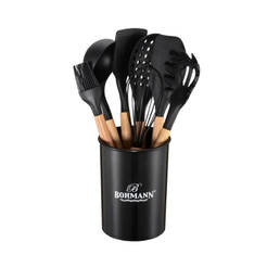 8-piece cooking utensil set with stand, silicone with wooden handles