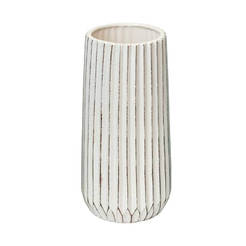 Ceramic vase for flowers 26 cm, ribbed cone - white