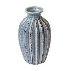 Ceramic vase for flowers 14.5 cm, ribbed jar - gray color