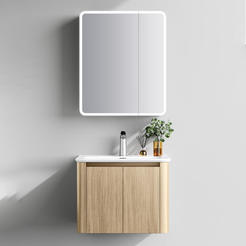 Комплект мебели за баня PVC - шкаф с мивка и шкаф с огледало LED дървесен