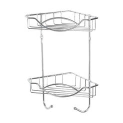 Corner bathroom shelf with hangers