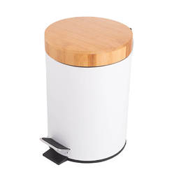Кош за тоалетна 3л с педал, метал и бамбук бял ф17 х 24.5 см