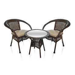 Градински комплект 3 части изкуствен ратан - маса и два стола с възглавници