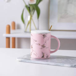 Чаша порцеланова с капаче/лъжичка 400мл розов мрамор G356