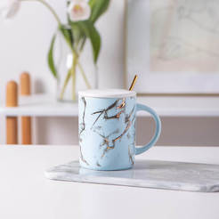 Чаша порцеланова с капак 400мл син мрамор с лъжичка