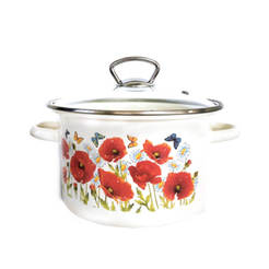 Enamelled pot 5.5 l, with glass lid, Poppies