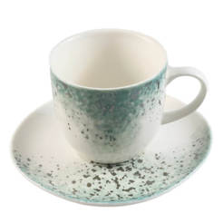 Сервиз за чай - 2 чаши с чинийки, порцелан, зелено и сребро