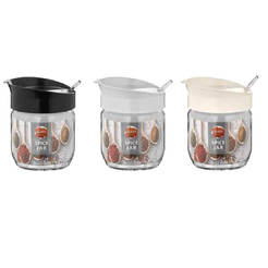 Буркан за съхранение стъклен 425мл с лъжичка Otto черен, бял и сив капак 0154354