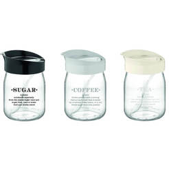 Glasvorratsglas 580 ml mit Otto-Löffel, schwarz-weiß-grauer Deckel 0154355