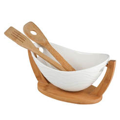 Salad bowl 32 x 15 cm, with bamboo stand and utensils
