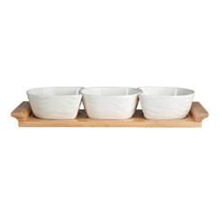 Ceramic bowls for sauces and snacks with bamboo stand