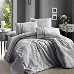 Bedding set 4 pieces 100% satin cotton with pleats and edging Stripe gray