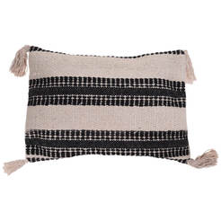 Decorative pillow 30x50cm beige with black stripes with tassels A35850440
