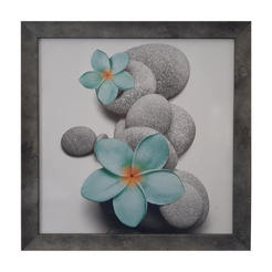 Painting 40 x 40 cm with MDF frame, blue flower and stones