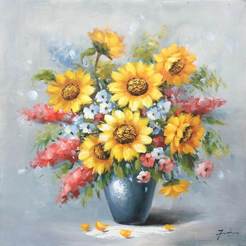 Маслена картина с рамка 60 х 60см, ваза със слънчогледи розови и сини цветя