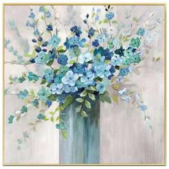 Картина със златна рамка 80 х 80см Ваза със сини цветя