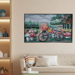 Картина в раме 60х100см масло Колесо с цветами 331073