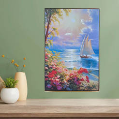 Gerahmtes Gemälde 60x90cm Öl Segelboot und Baum am Ufer 331098