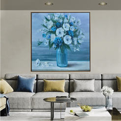 Картина в раме 80х80 см, масло Ваза с белыми и синими цветами 331119