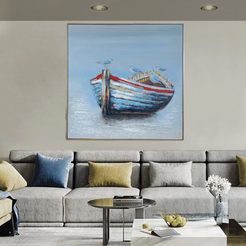 Gerahmtes Gemälde 80x80cm Öl Glarus und ein Boot im Meer 331090