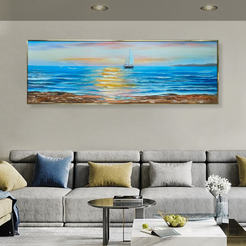 Картина в раме 50х150 см масло Лодка в море на рассвете 330985