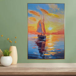 Framed painting 60x90cm Boat at sunset