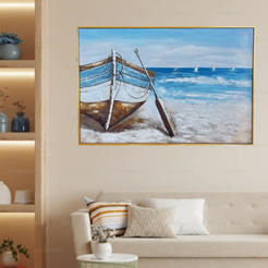 Framed painting 62x92cm Boat on the shore with a paddle