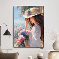 Картина с рамка 50х60см Момиче с цветя