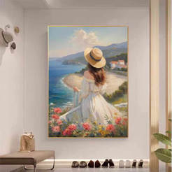 Framed painting 60x90cm Girl looking at the sea from behind