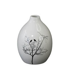 Керамична ваза - 19см, бяла с декорация