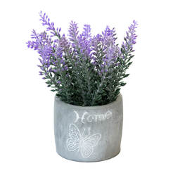 Lavender arrangement in a gray pot with a butterfly