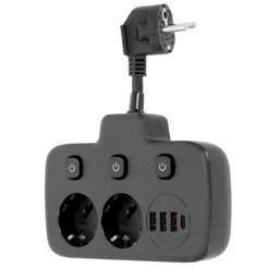 Адаптер питания 2х16А 3USB/1USB C 0,2м черный
